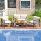 4-Piece Grey Rattan Outdoor Patio Set with Off-White Cushions and Acacia Wood
